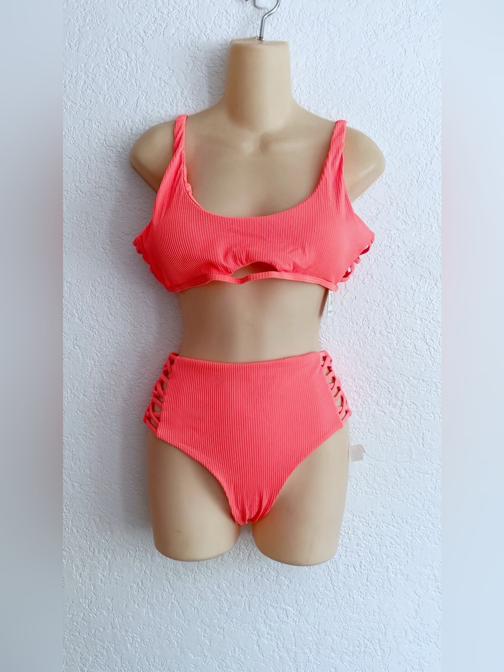 NEW TiniBikini High-Waist Ribbed Bikini Set Coral Tangerine XL Two Piece Cutout
